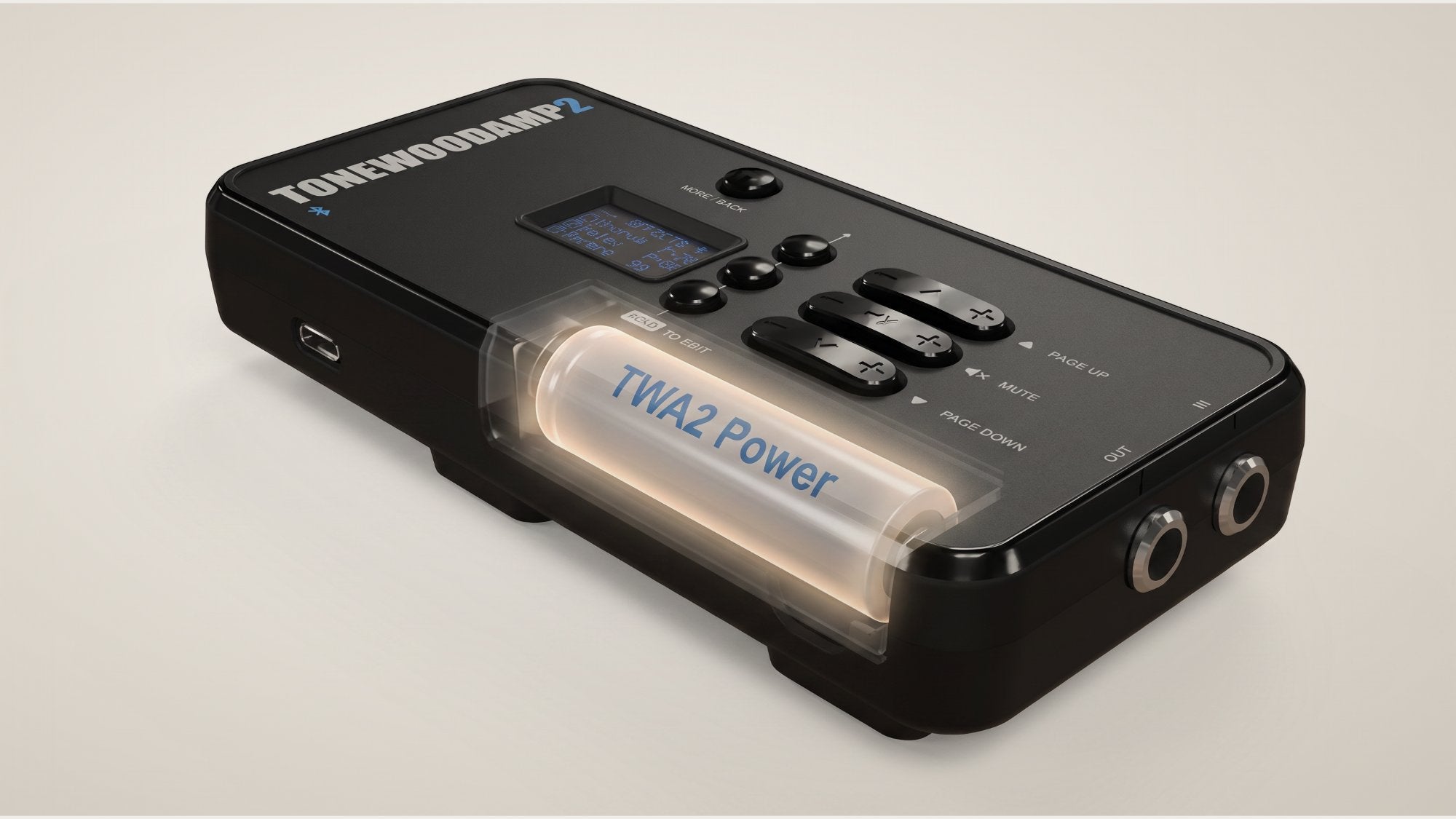 Cutaway view of the ToneWoodAmp2 showing its internal rechargeable battery