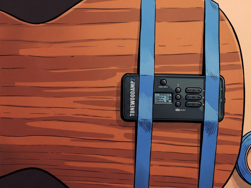 ToneWoodAmp2 held to the back of a guitar with two strips of blue painter's tape