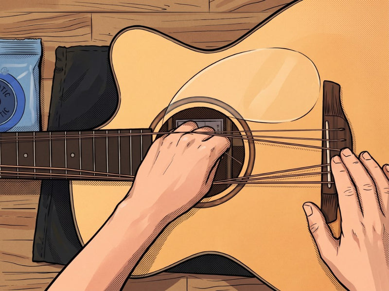 Hands loosening the strings and reaching into the guitar's sound hole