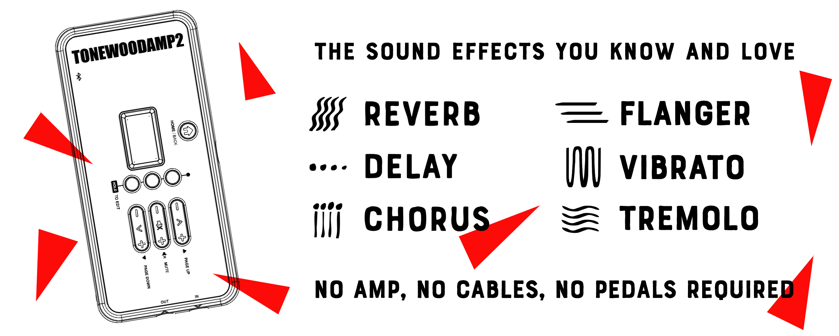 The sound effects you know and love: Reverb, Delay, Chorus, Flanger, Vibrato and Tremolo — no external amp or pedalboard required.