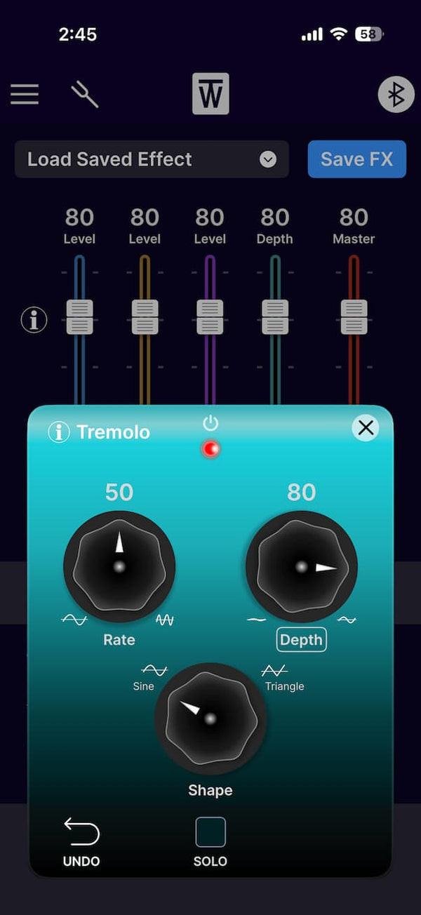 ToneWoodAmp2 app — Tremolo controls